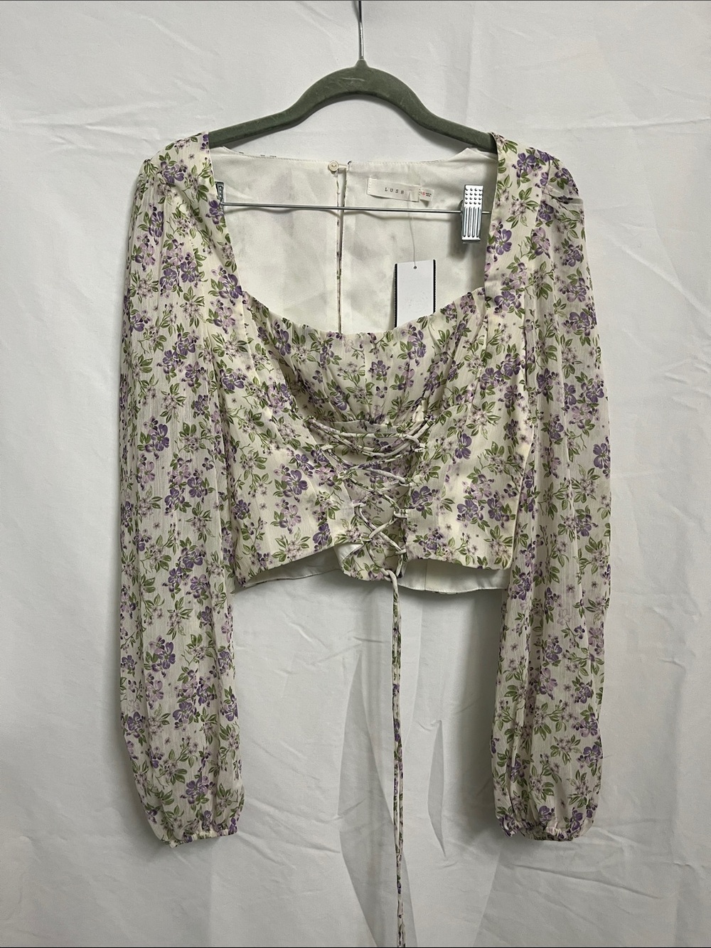NWT LUSH Lace-Up Floral Cropped Blouse - Purple Floral